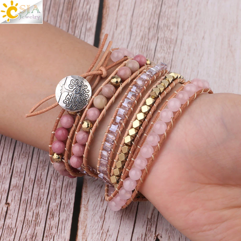 Bohemain Women Leather Bracelet Gem Stone Pink Crystal Vintage Weaving Statement Fancy Girl Bracelet Bijoux Dropshipping S308 - Image 3