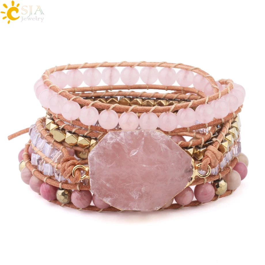 Bohemain Women Leather Bracelet Gem Stone Pink Crystal Vintage Weaving Statement Fancy Girl Bracelet Bijoux Dropshipping S308