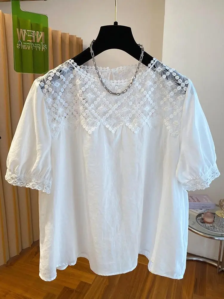 Hollow Out Lace Shirt Women Short Sleeve Loose Thin Chic Casual Fashion Ladies Blouse Tops - Image 4