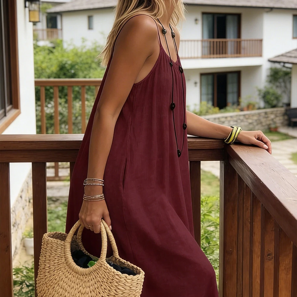 Robe Cami Dos Nu Été Femme Longue Beige Noir - Image 3
