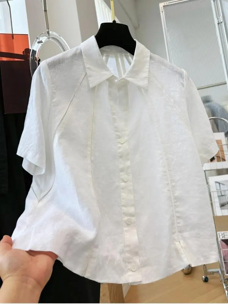 French Style Hollow Out Spliced Blouse Women Thin Luxury Elegant Short Sleeve Shirt Fashion Design Sense Ladies Tops