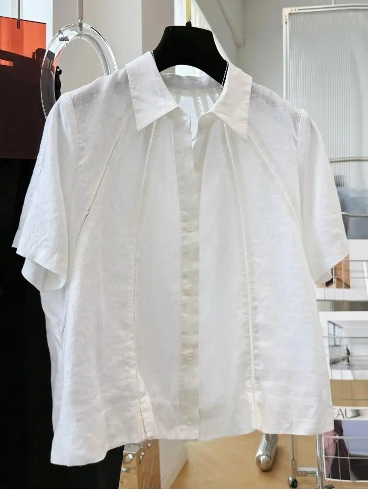 French Style Hollow Out Spliced Blouse Women Thin Luxury Elegant Short Sleeve Shirt Fashion Design Sense Ladies Tops - Image 3