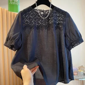 Hollow Out Lace Shirt Women Short Sleeve Loose Thin Chic Casual Fashion Ladies Blouse Tops