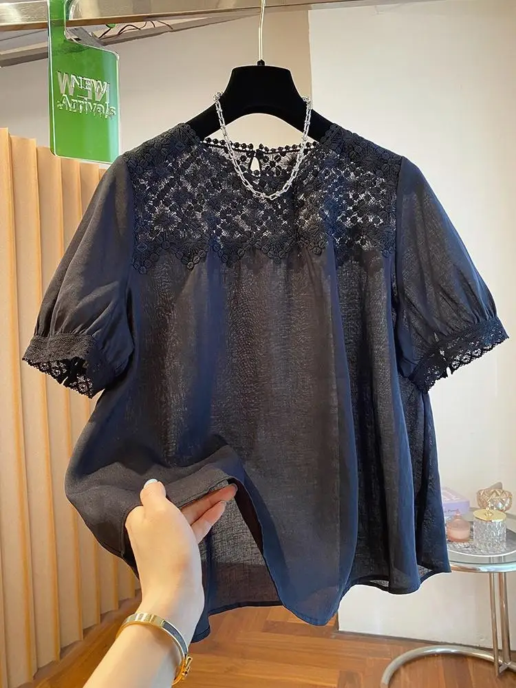 Hollow Out Lace Shirt Women Short Sleeve Loose Thin Chic Casual Fashion Ladies Blouse Tops