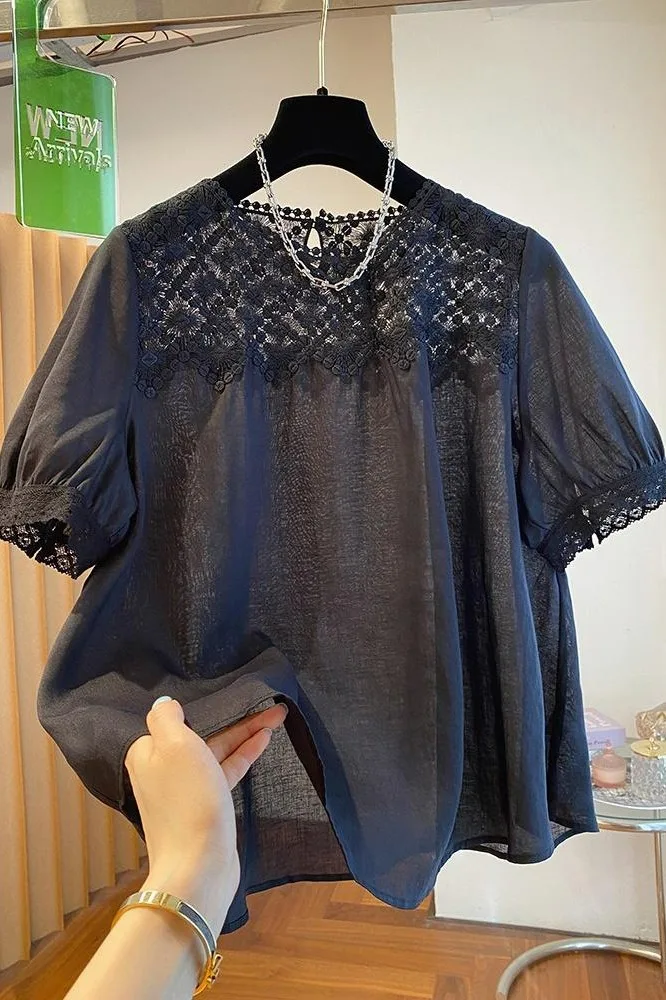 Hollow Out Lace Shirt Women Short Sleeve Loose Thin Chic Casual Fashion Ladies Blouse Tops - Image 6