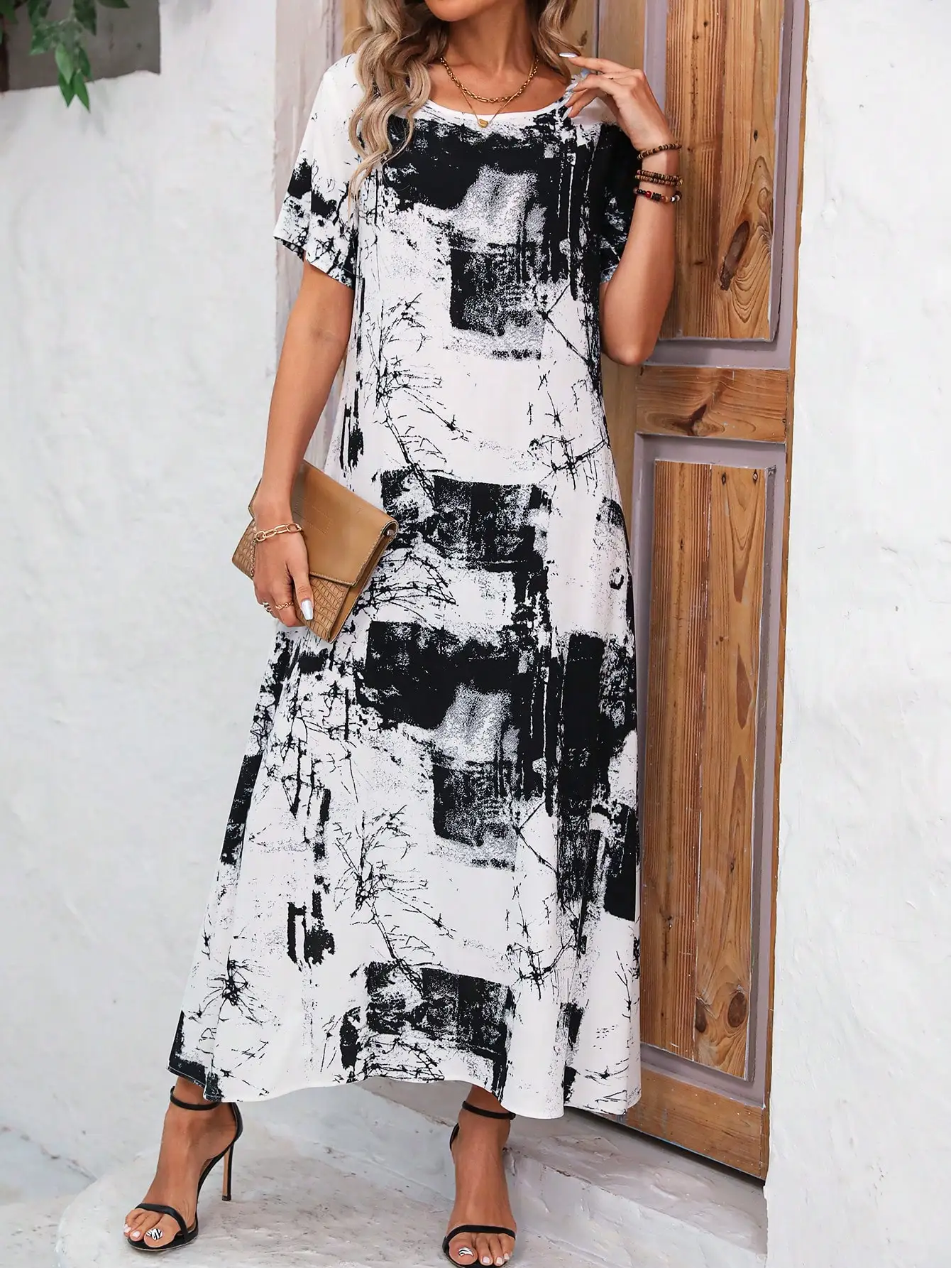Robe longue pour femme à imprimé abstrait noir et blanc - Robe décontractée à col rond et manches courtes, coupe ample, idéale pour les vacances et le bureau