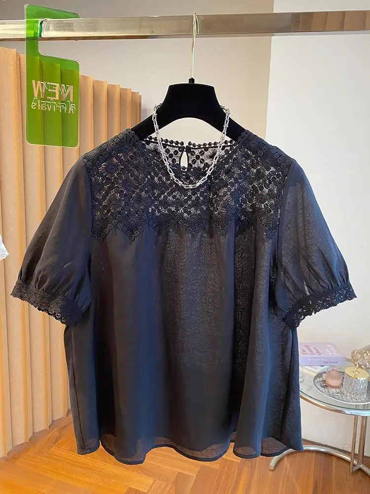 Hollow Out Lace Shirt Women Short Sleeve Loose Thin Chic Casual Fashion Ladies Blouse Tops - Image 3