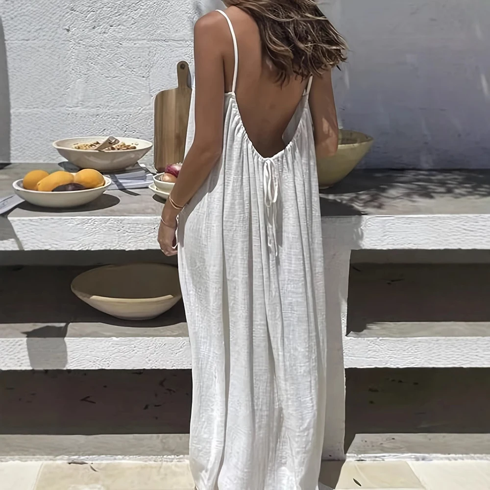 Robe Cami Dos Nu Été Femme Longue Beige Noir - Image 5