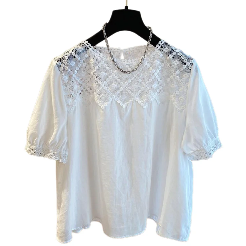 Hollow Out Lace Shirt Women Short Sleeve Loose Thin Chic Casual Fashion Ladies Blouse Tops - Image 5