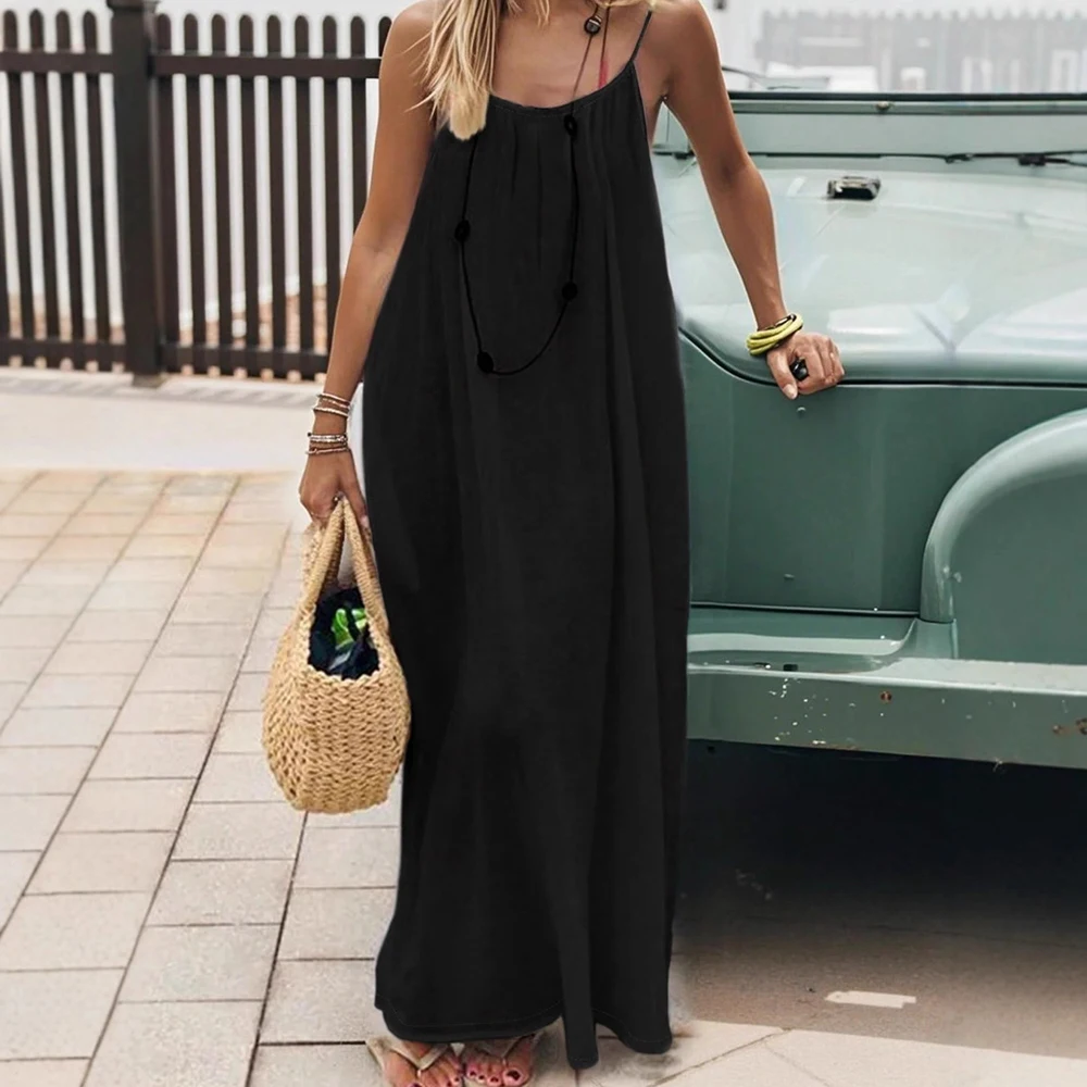Robe Cami Dos Nu Été Femme Longue Beige Noir - Image 4