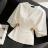 Elegant Office Lady V-Neck Blouse Batwing Sleeve Waist Buckle Top White Solid Color Shirt Women Summer Fashion Formal Clothing