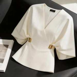 Elegant Office Lady V-Neck Blouse Batwing Sleeve Waist Buckle Top White Solid Color Shirt Women Summer Fashion Formal Clothing