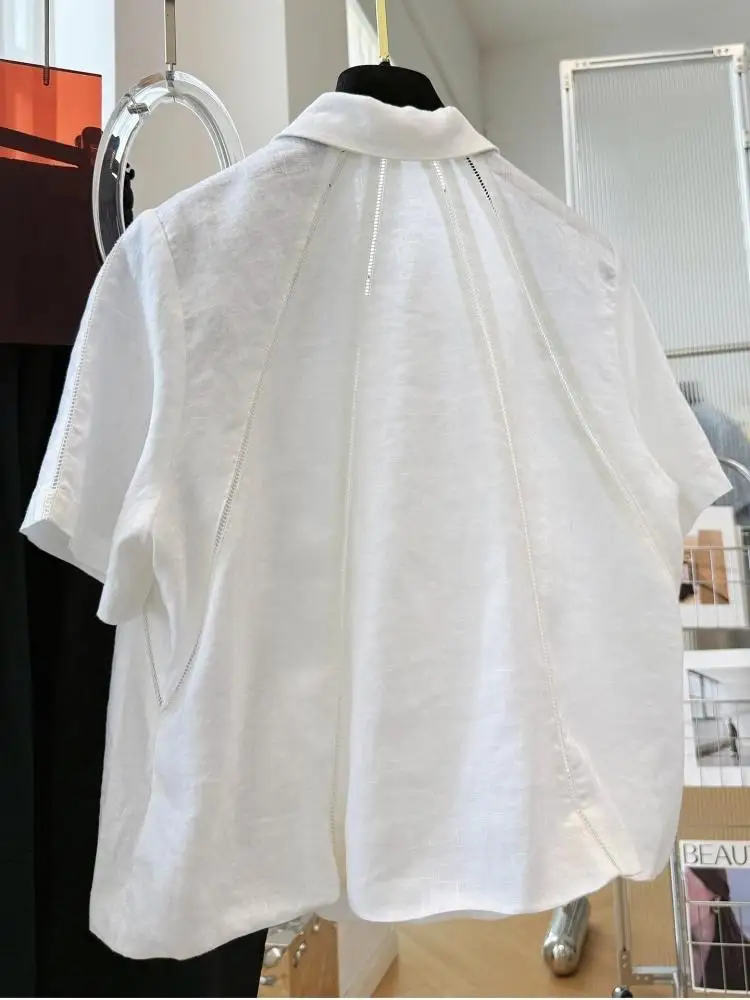 French Style Hollow Out Spliced Blouse Women Thin Luxury Elegant Short Sleeve Shirt Fashion Design Sense Ladies Tops - Image 4