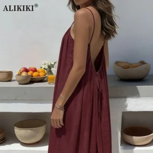 Robe Cami Dos Nu Été Femme Longue Beige Noir