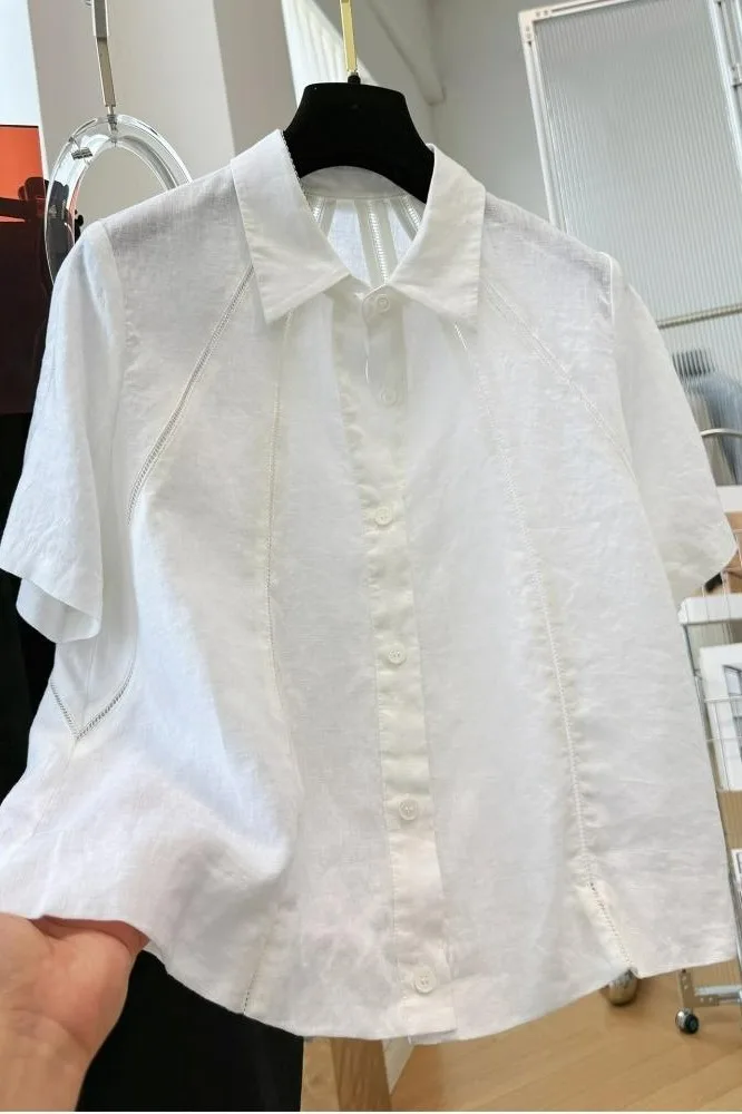 French Style Hollow Out Spliced Blouse Women Thin Luxury Elegant Short Sleeve Shirt Fashion Design Sense Ladies Tops - Image 6